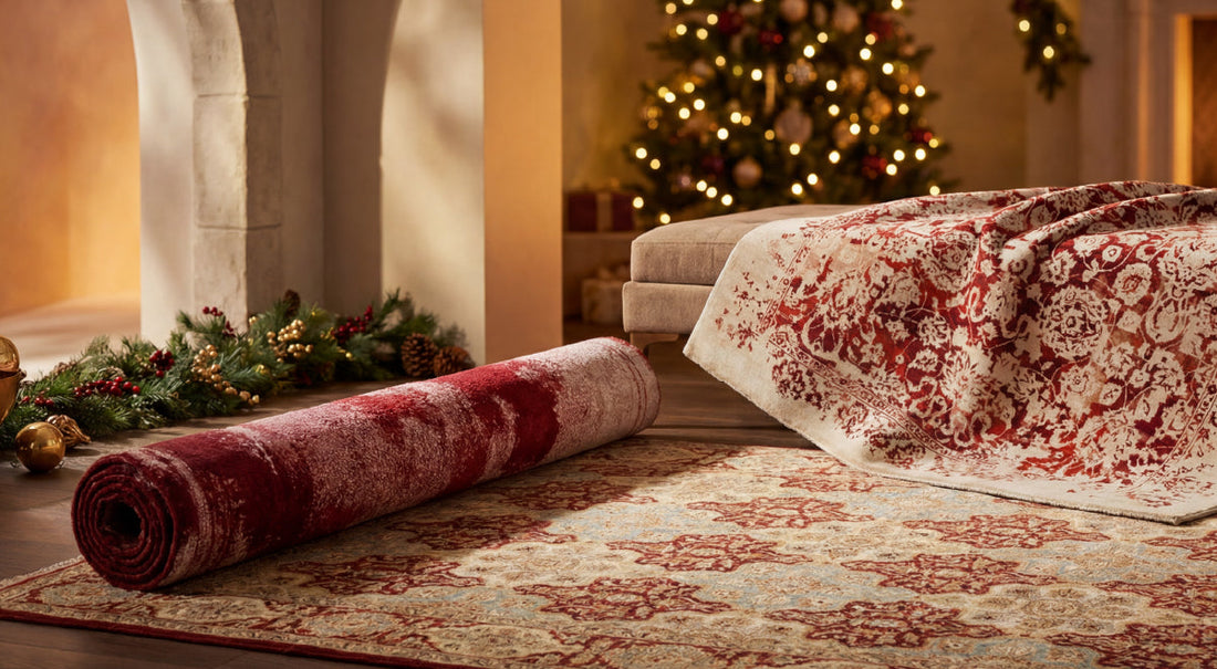Christmas living room styled with a traditional rug and warm lighting
