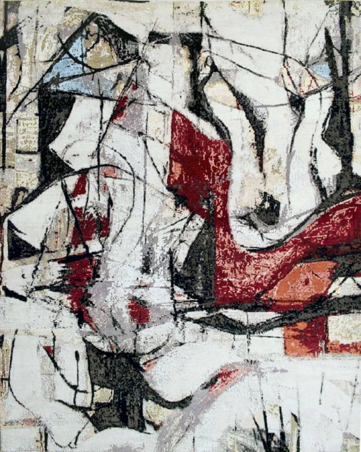 A hand-knotted rug featuring an abstract design with geometric shapes in red, black, white, and gray colors, with natural silk and handcarded wool.
